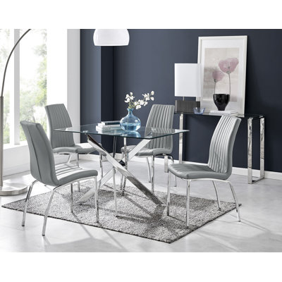 Lenworth Chrome and Glass Rectangular Dining Table Set with 4 Soft Touch Faux Leather Chairs