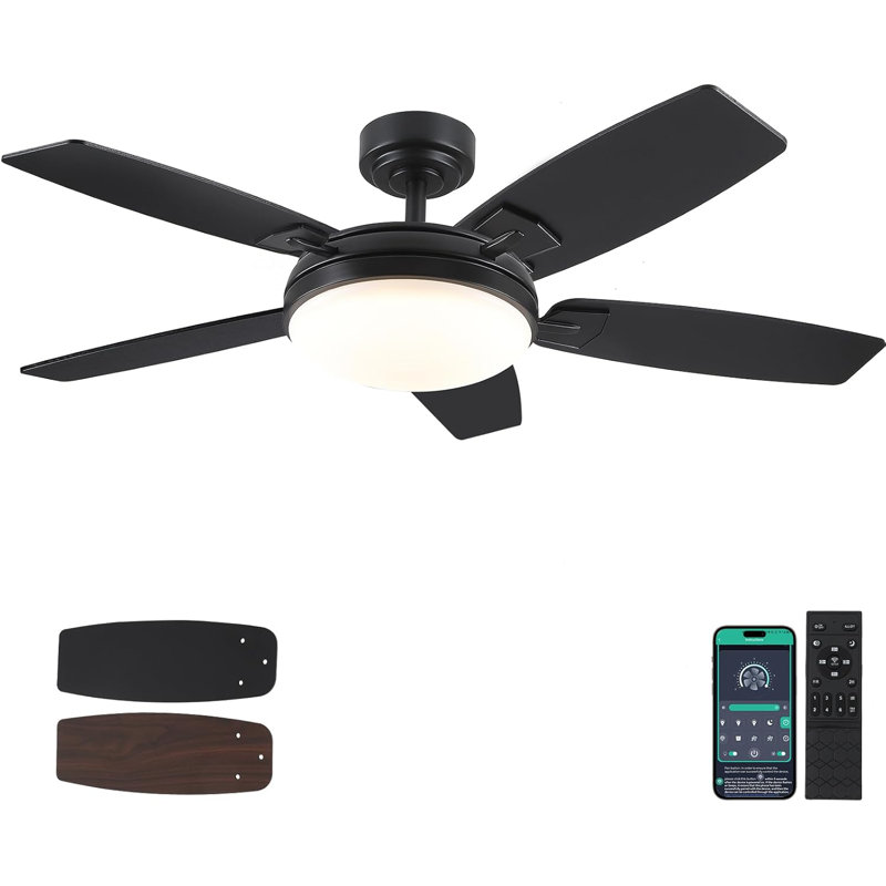 52 Inch 5-blade Ceiling Fans With Lights And Remote Control, Black/Brown