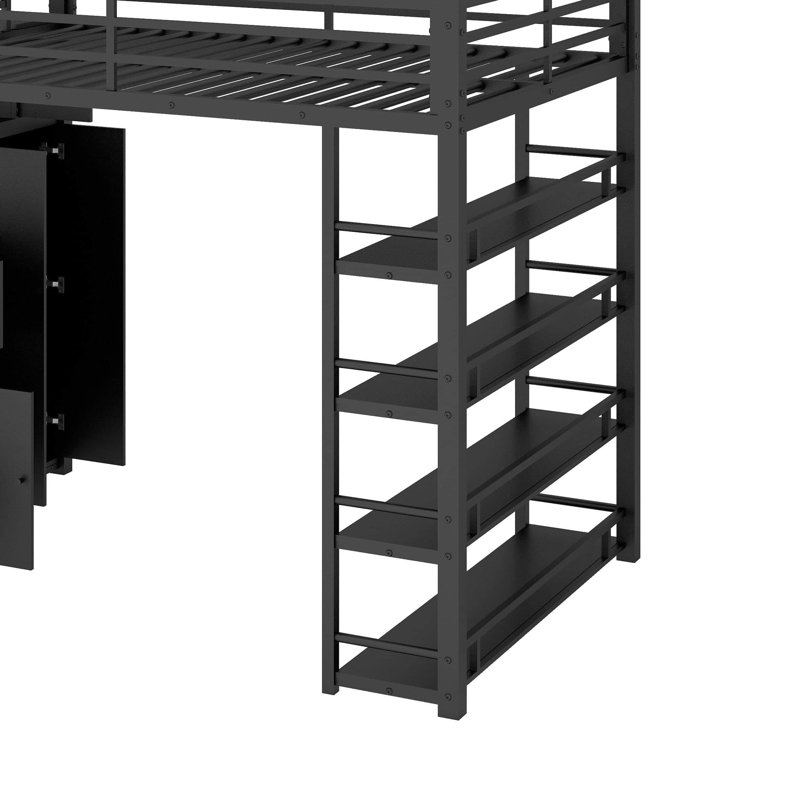 Full Size Metal Loft Bed With Shelves, Cabinets And Wardrobe