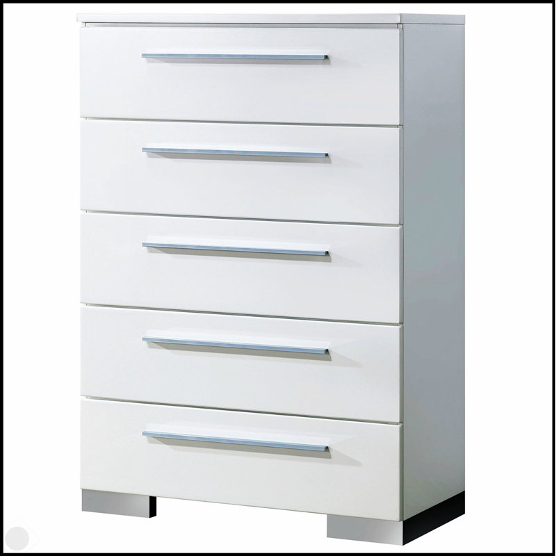 Commode 1 pièce de style contemporain avec cinq tiroirs en queue d'aronde, poignées chromées et finition blanche ultrabrillante pour les chambres à coucher modernes