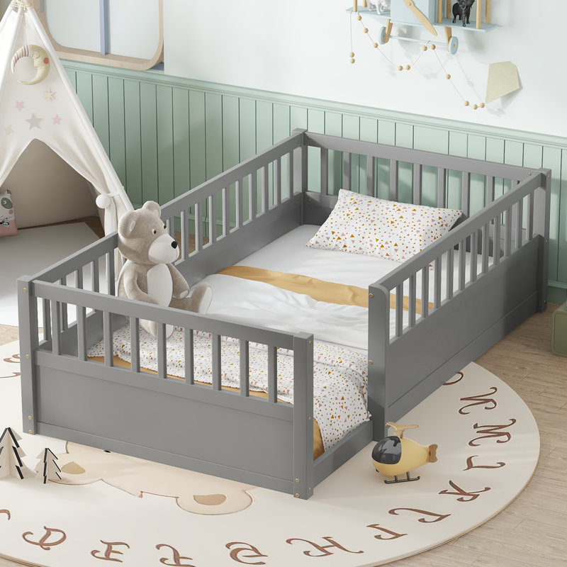 Twin Montessori Wooden Floor Bed with Safety Fence, White, Kids Bedroom and Playroom Floor Bed, Twin, White