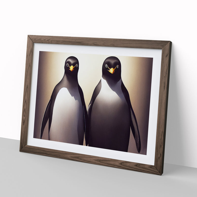 XH1022-6750X Pair Of Penguins - Single Picture Frame Painting, 34cm H x 46cm W x 2cm D, Walnut Framed