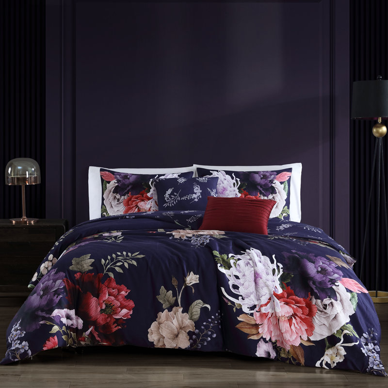 Bebejan Deep Purple Garden 100% Cotton Sateen 5 Piece Reversible Comforter Set, Queen Comforter + 2 Shams + 2 Throw Pillows
