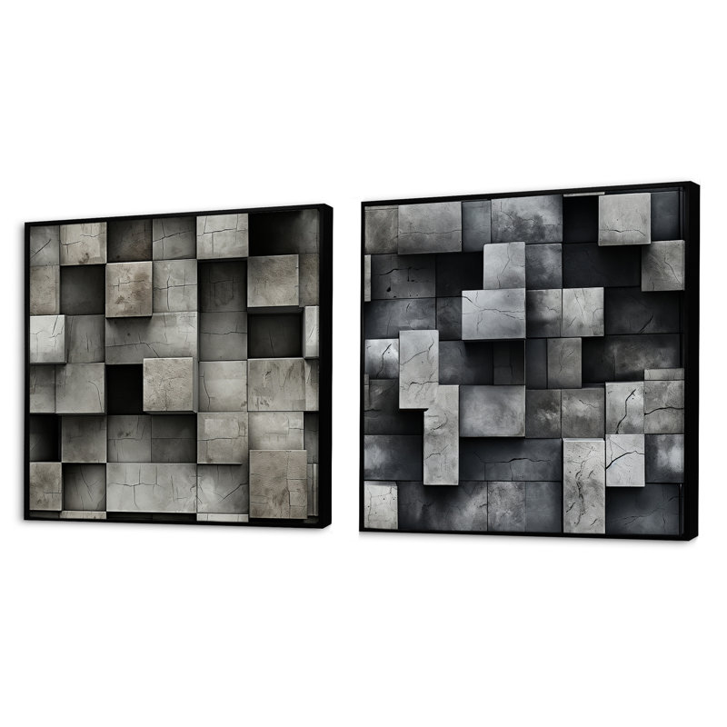 Francille - Ensemble de 2 collages carrés à formes abstraites, Cadre flottant noir, H 30 po x l 61 po