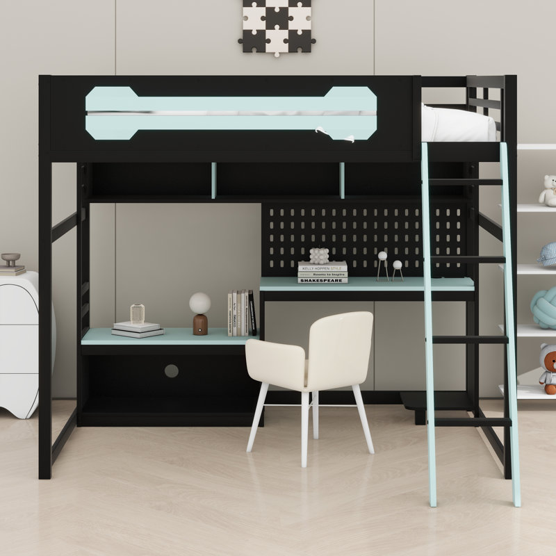Lit mezzanine en bois avec bureau, Noir / Bleu