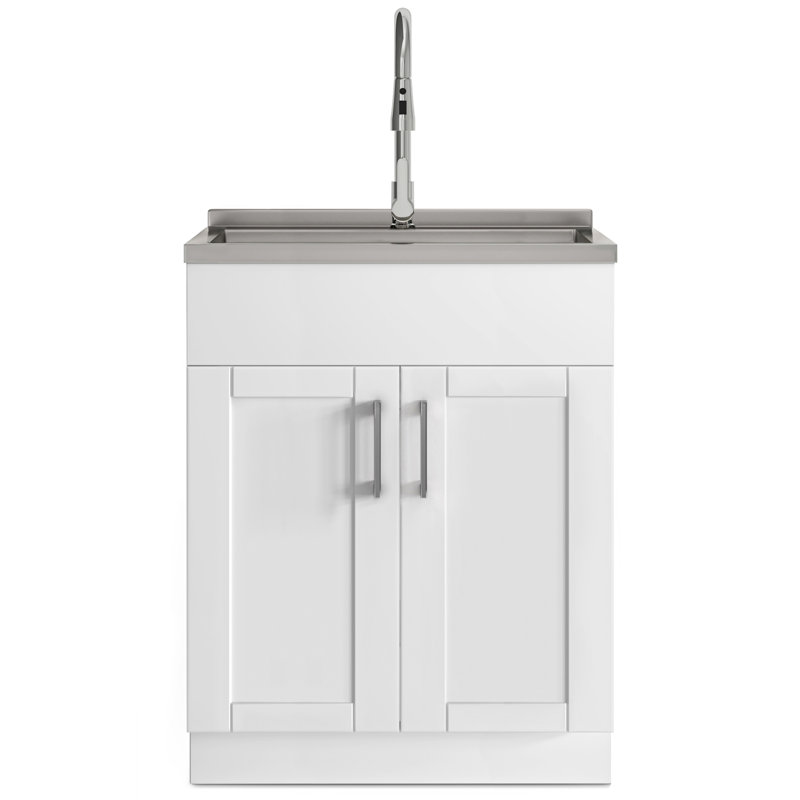 Évier utilitaire moderne 28 po avec armoire coulissante et évier en acier inoxydable, blanc