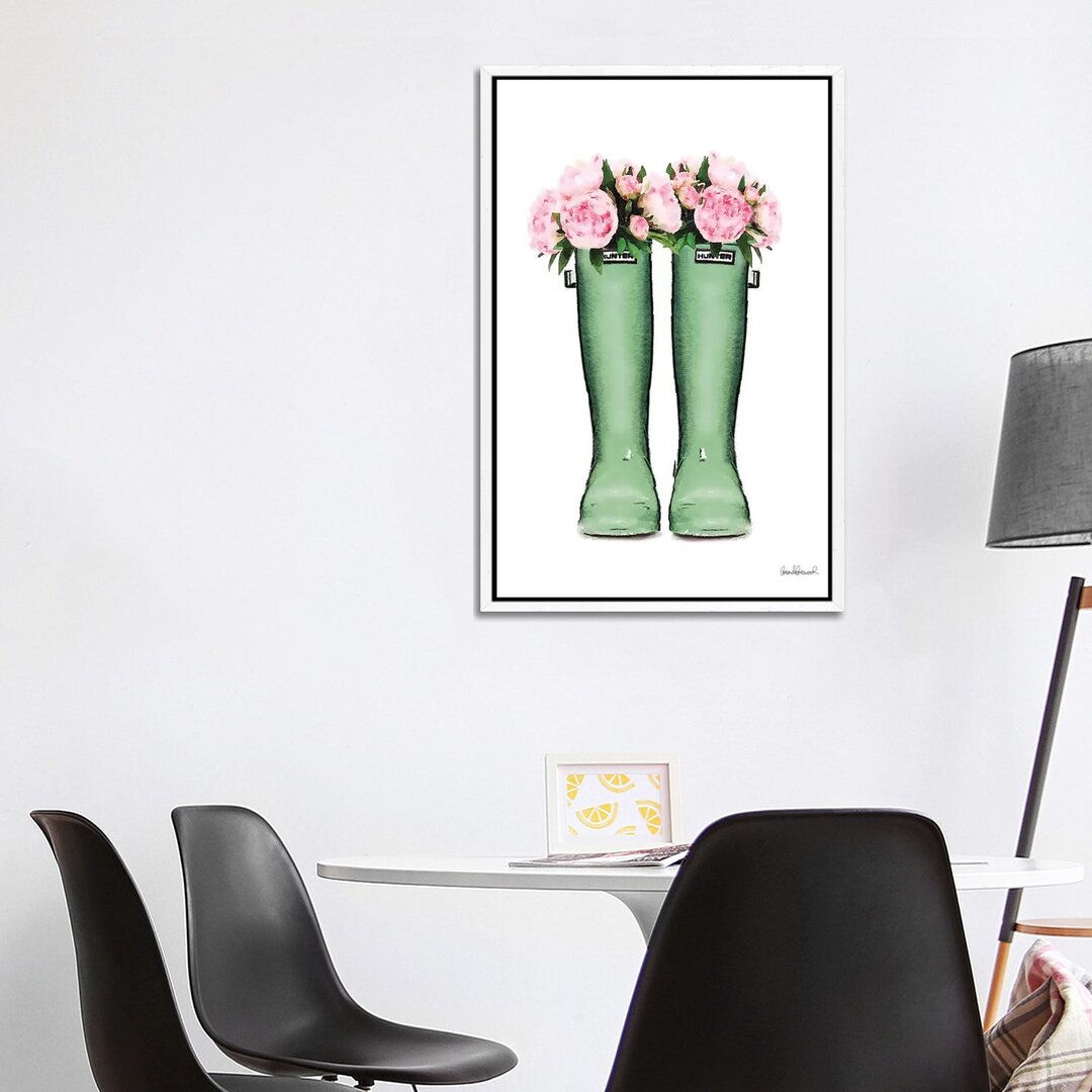 Leinwandbild Hunter Boots in Green & Pink Peonies von Amanda Greenwood