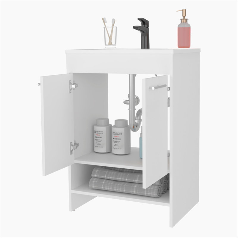 Meuble-lavabo blanc à 2 portes avec rangement ouvert, Blanc