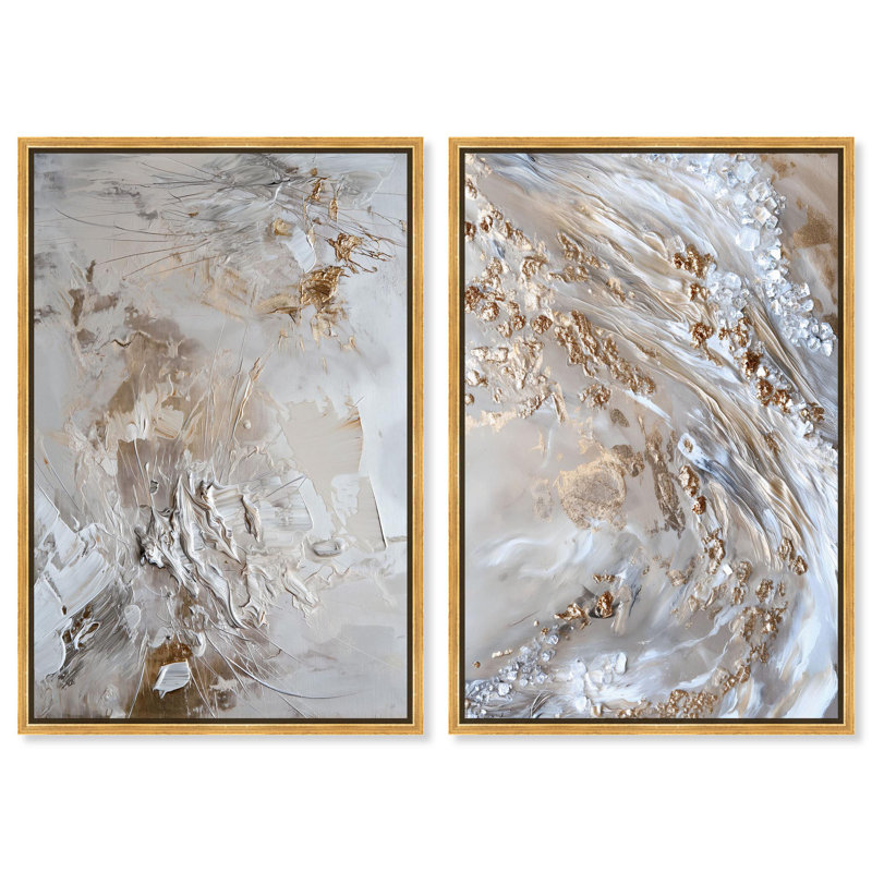 Perle marée ensemble de 2 ensembles d'art géode sur toile , Cadre flottant doré, H 30 po x l 20 po