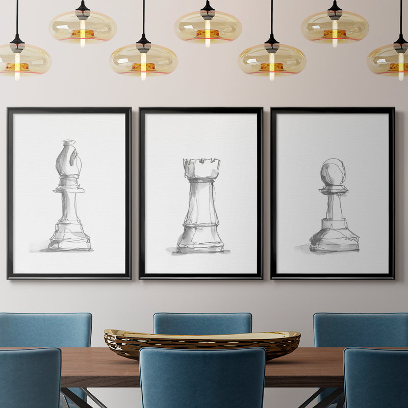 Chess Room Study IV - Toile tendue avec châssis sur mesure - 3 pièces, Noir, noir, noir, noir, H 30 po x l 63 po