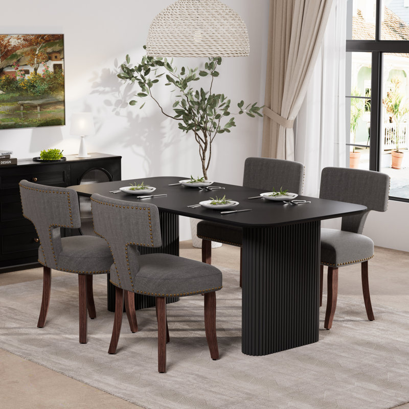 Ensemble de salle à manger rectangulaire en bois avec chaise rembourrée, Noir, 5, Gris