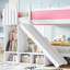 Lit superposé double au-dessus de double avec tablettes de rangement, lit superposé pour enfants en bois massif avec glissière et échelle, profil bas, rose et blanc-1910242971