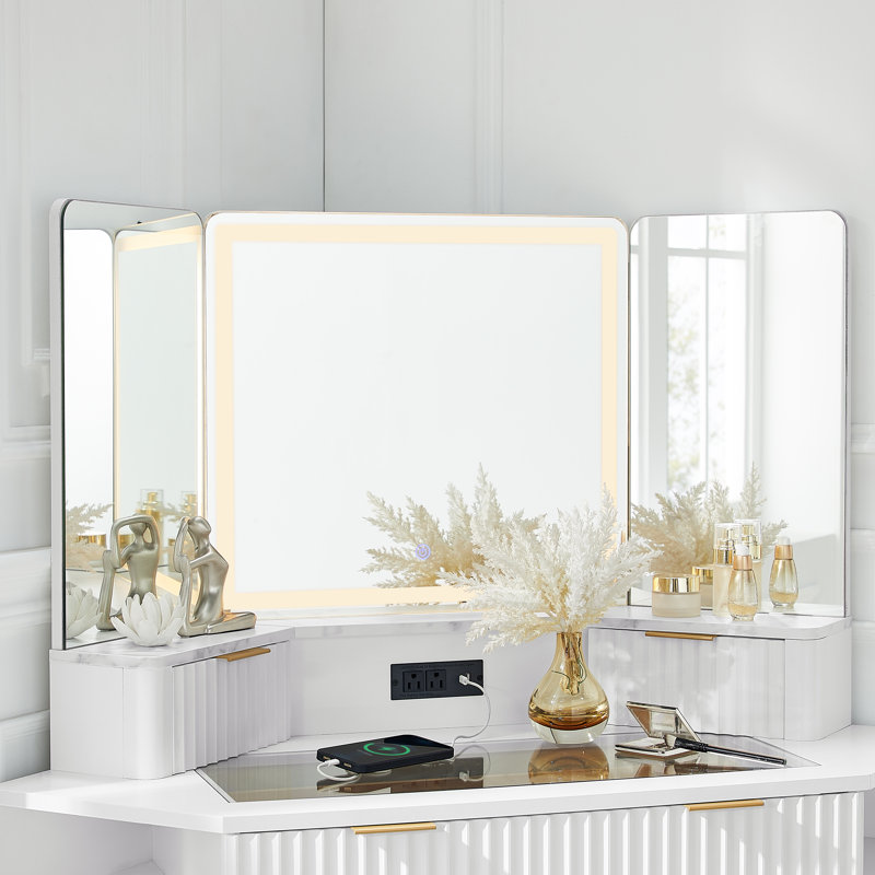 48'' Fluted Makeup Vanity Desk With Hd Triple Mirror And Lights,large Lighted Corner Vanity With Glass Top, Modern Dressing Table With Outlets