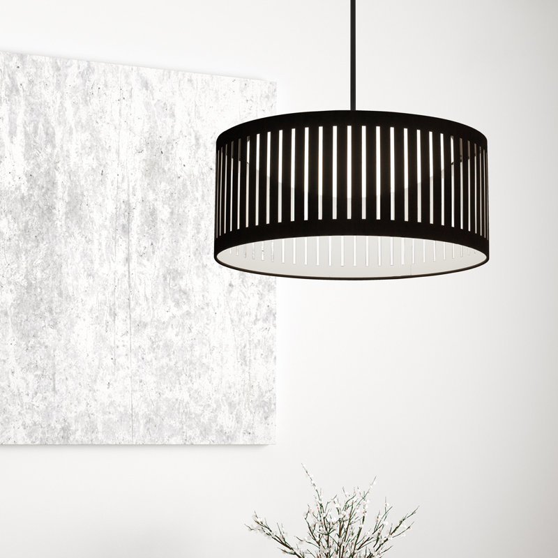 Matte Black Drum LED Pendant Light with Glass Shade