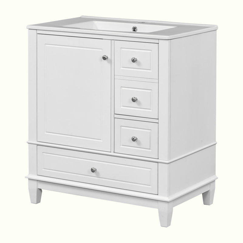 Meuble-lavabo avec lavabo et armoire avec tiroirs, Blanc, Argent argent