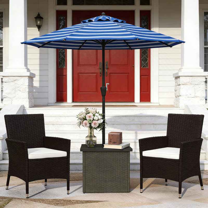 Table de bout, petite table basse d'extérieur pour patio, table d'appoint en osier avec trou pour parasol, Mélange de bruns