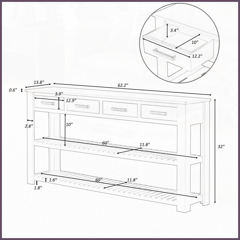 Table basse vintage en MDF + pin pour vestibule, 4 tiroirs, 2 tablettes, beaucoup de rangement et amp; Assemblage facile