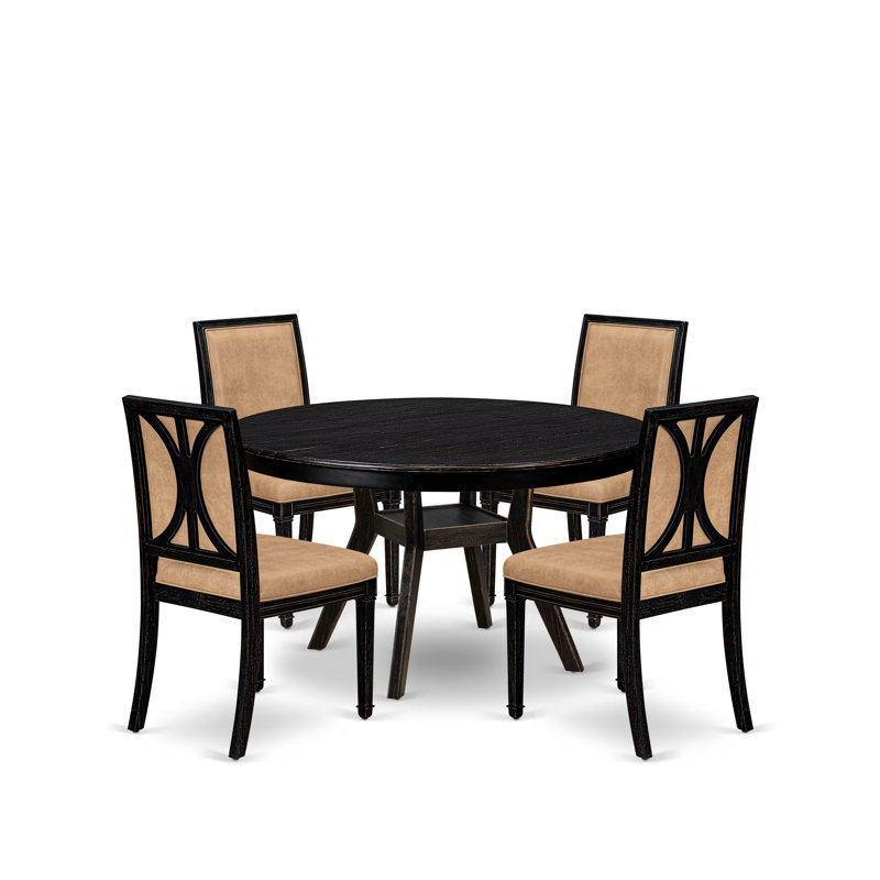 Cet ensemble de salle à manger 5 pièces comprend une table de salle à manger ronde et 4 chaises en polyester gris foncé à haut dossier avec une finition noire sablée.