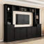 Meuble télé compatible avec téléviseur 75 pouces, noir, avec rangement polyvalent et tablettes réglables en hauteur, finition noire.