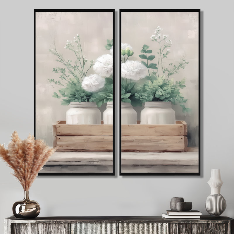Rustic Farmhouse Peonies - Farm Wall Art For Living Room, White Farmhouse Canvas Print 2 Piece, 40" H x 40" W, Black