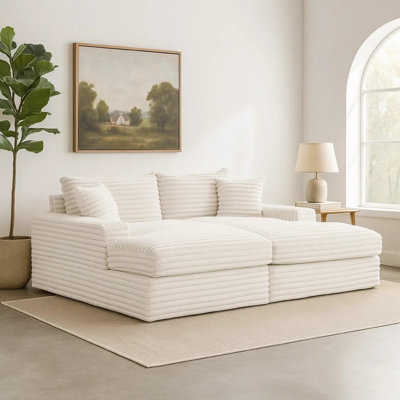 Teya Double Chaise Sofa, 2 Pillows, White Chenille Upholstery, 94 Inch