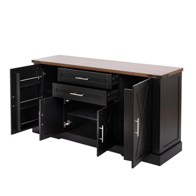 Armoire de rangement avec porte de grange 63 po avec 2 tiroirs et support de porte 63 po, grande table basse avec tablettes réglables pour la cuisine, le salon, le vestibule, la salle à manger, noir