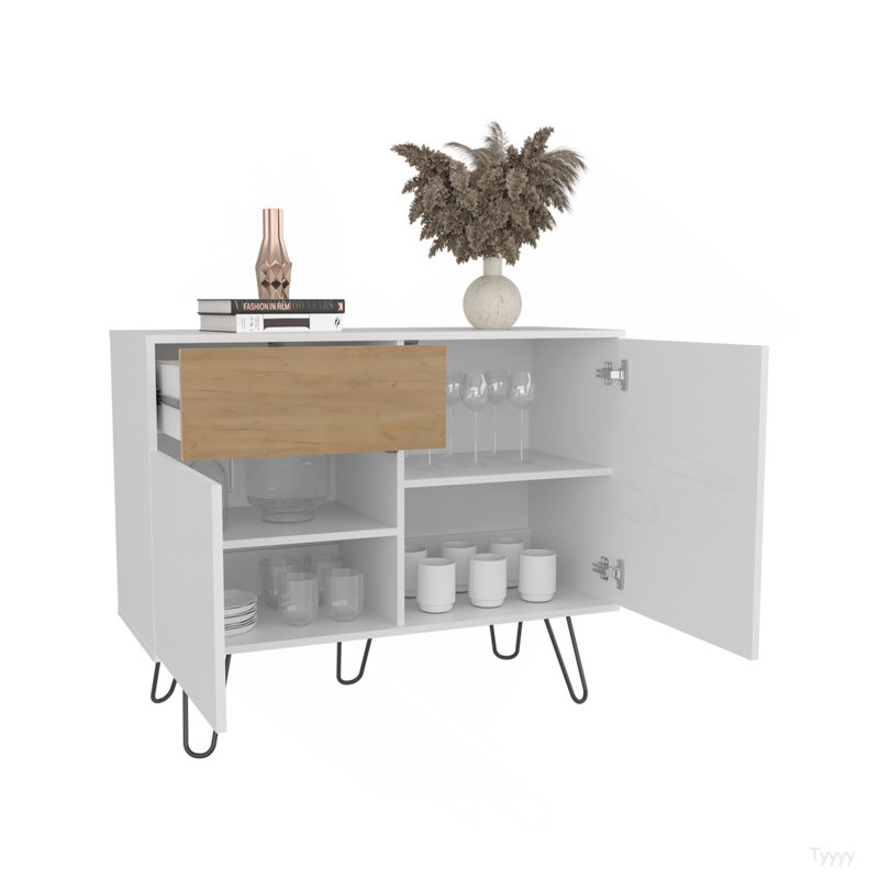 Console Tori de 39 po de largeur avec deux armoires, un tiroir et quatre tablettes, blanc - chêne naturel