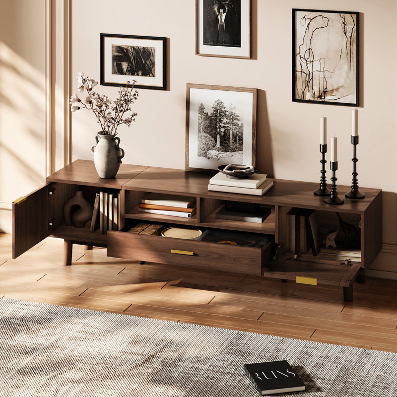 Console de télévision moderne de 75 pouces, rangement multifonctionnel à fermeture en douceur, tiroirs, pieds en bois massif, pour téléviseurs tendance, armoires de fermeture, pieds élégants rabattables
