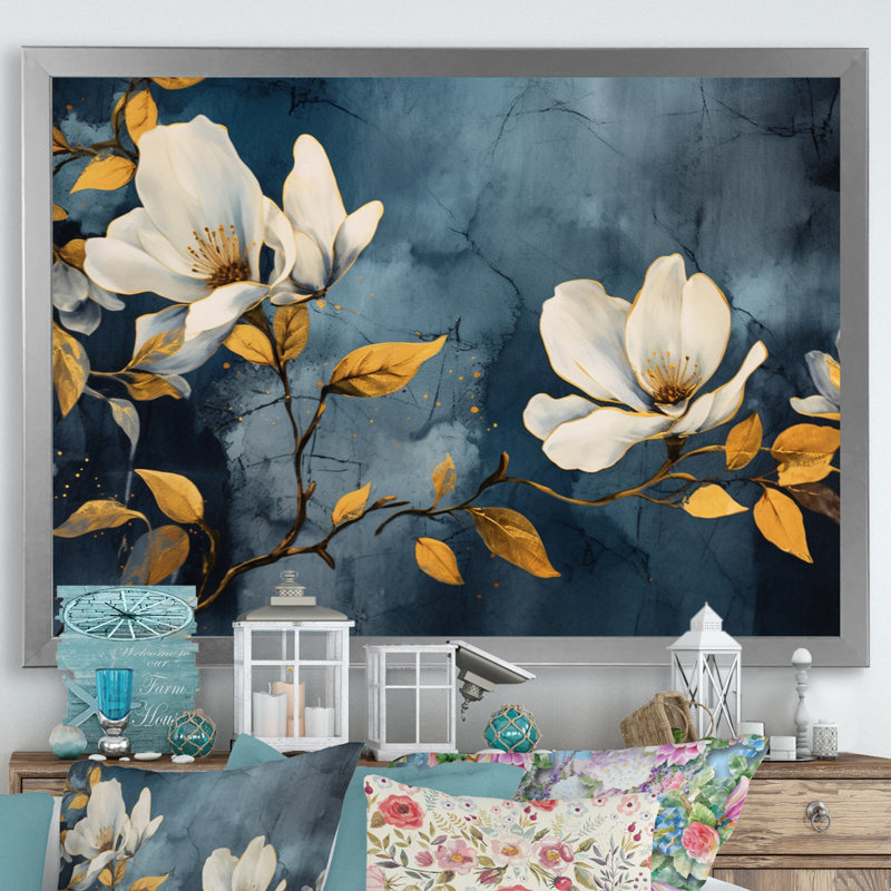 Jaune, gris, magnolia, nature, élégance II, H 16 po x l 32 po x P 1 po, Cadre photo argenté