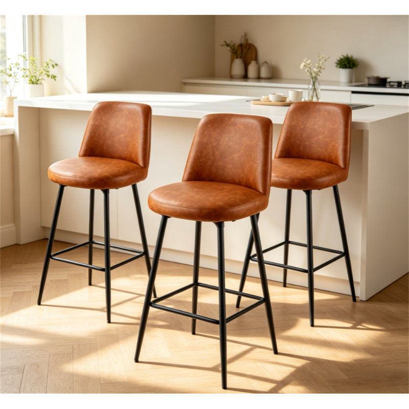 Ensemble de 3 tabourets de bar rotatifs modernes en cuir synthétique avec dossier, hauteur de comptoir de 27 pouces, pieds en métal pour la cuisine et la salle à manger, brun