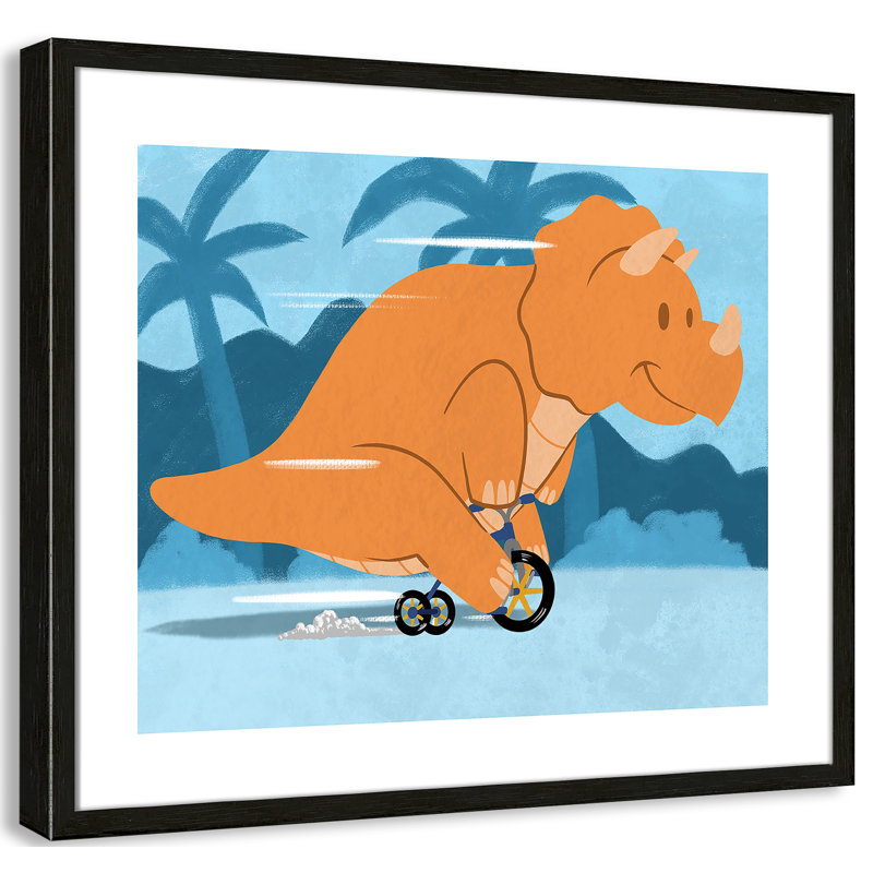 «Riding Dino 2», impression sur papier, H 20,5 po x l 24,5 po x P 1,18 po, Encadré de boîte à grain de bois noir