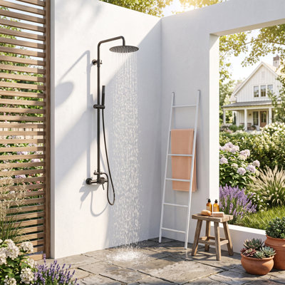Douche murale extérieure de 91 à 132 cm de hauteur, en acier inoxydable 316 antirouille, avec douchette et pommeau de douche effet pluie de 25 cm.