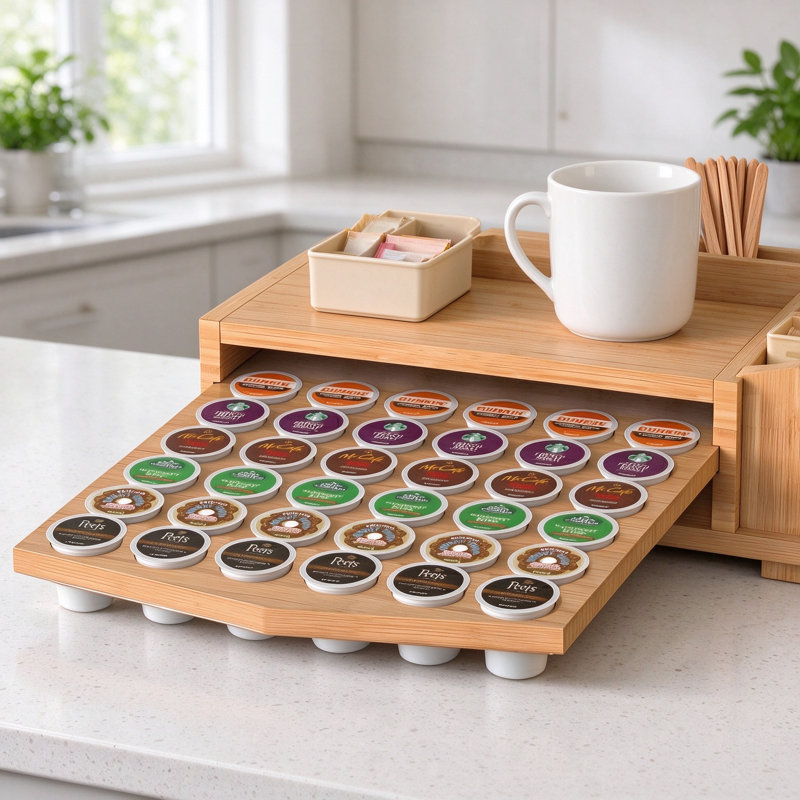 Bamboo K-Cup Organizer Drawer for Keurig Brewers, Under Machine Pod Storage with Tea and Spoon Slots, Space-Saving Coffee Station Stand