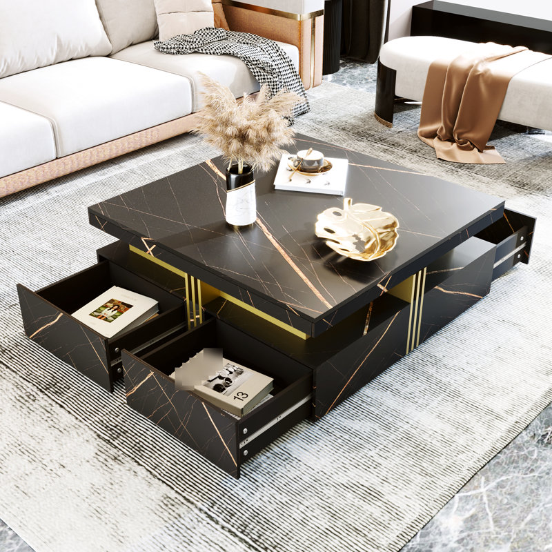 Table basse contemporaine carrée noire à 4 tiroirs - Pièce de rangement pratique et élégante, Noir