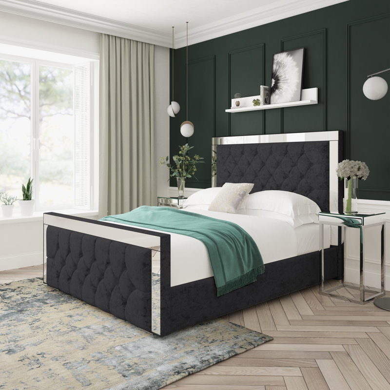 Sage Crushed Velvet Upholstered Ottoman Bed Frame, Black, Kingsize (5')