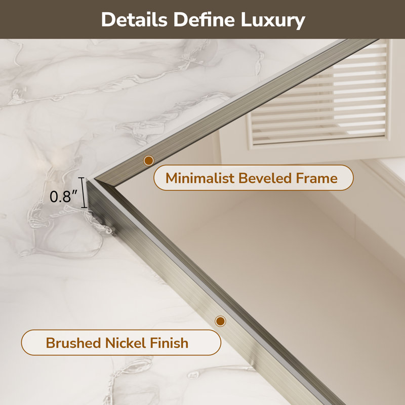 Bathroom Vanity Mirror with Aluminum Frame and Tempered Glass, Rectangle, Brushed Nickel, 30" x 24"
