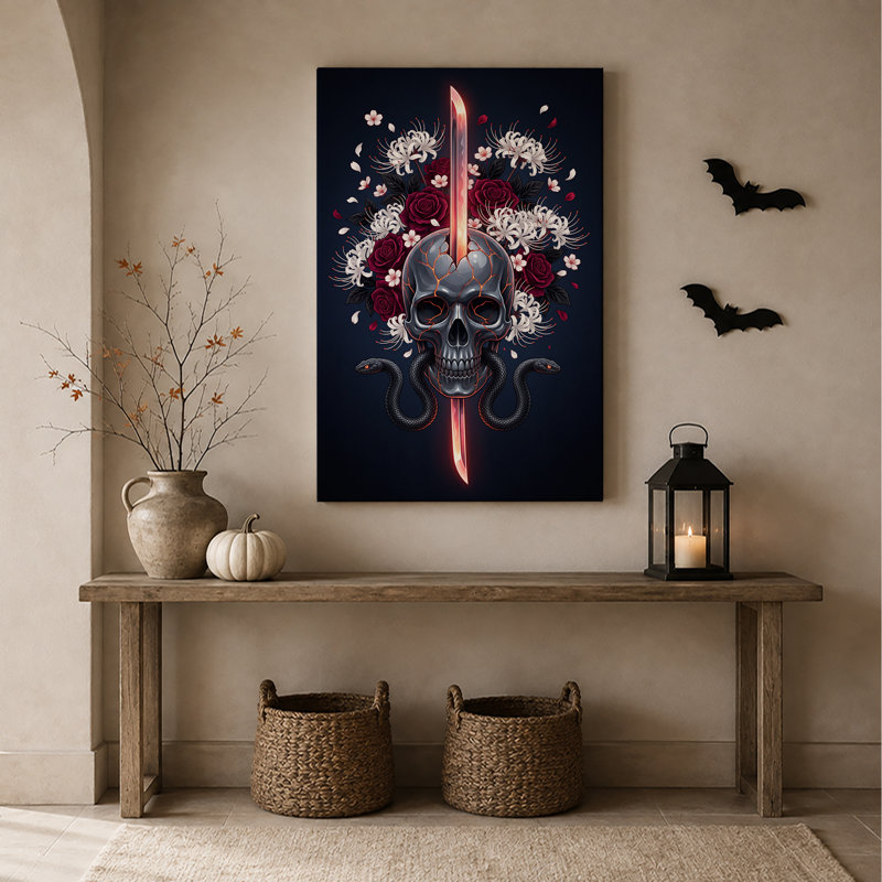 Crâne métallique craquelé avec épée brillante et art mural d'Halloween sur toile, H 30 po x l 20 po