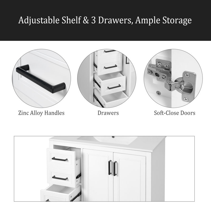 Meuble-lavabo moderne de 36 po avec lavabo en céramique, porte à fermeture en douceur, tablette réglable et 3 tiroirs, rangement spacieux, conception élégante pour les salles de bain de taille moyenne à petite