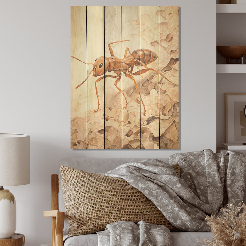 Minimalisme, fourmi, collage beige I - art mural sur bois de pin naturel, H 20 po x l 10 po