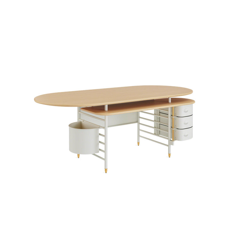 Frank Lloyd Wright Racine Executive Desk with Storage, 30" H x 84" W x 42" D, Oak Brown/White