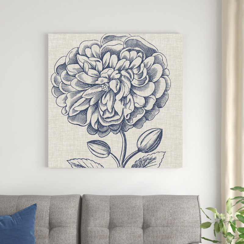 Indigo floral sur lin III, H 36 po x l 36 po x P 1,25 po