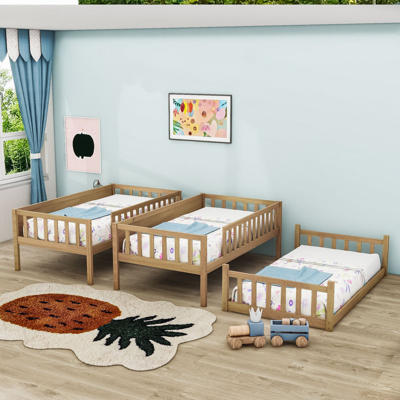 Space-Saving Twin Over Twin Over Twin Triple Bunk Bed With Detachable Feature, White Oak