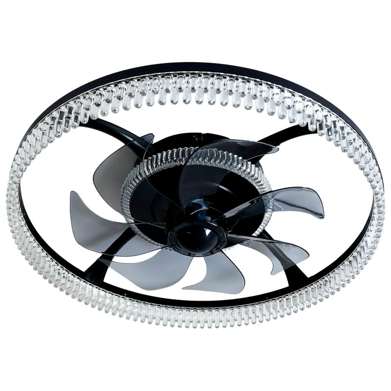 19" Modern Flush Mount Ceiling Fan With RGB Lights And Remote, Low Profile Bladeless Crystal Fandelier, 6-Speed Reversible DC Motor, Dimmable LED For Bedroom & Living Room