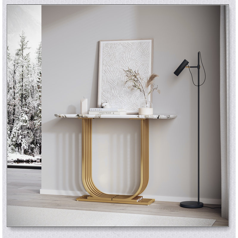 43.3-Inch Accent Table, Console,  Modern Wooden Imitation Marble Counter Top Console Table, Narrow Type, Sofa, Living Room, Bedroom