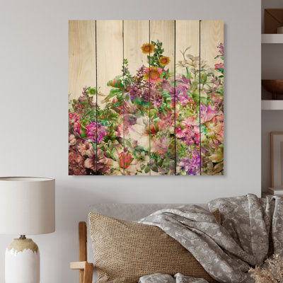 Jardin d'été moderne mauve et vert - peinture sur bois sans cadre