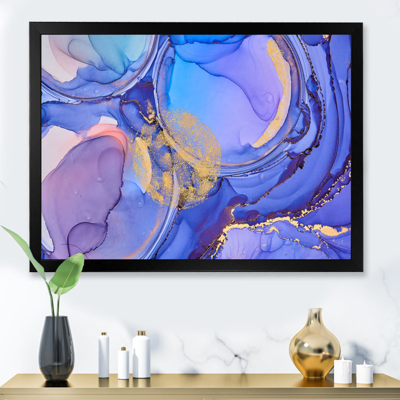 Bleu et mauve, luxe, abstrait, fluide X III - Peinture sur toile, H 12 po x l 20 po, Cadre d'angle fermé noir