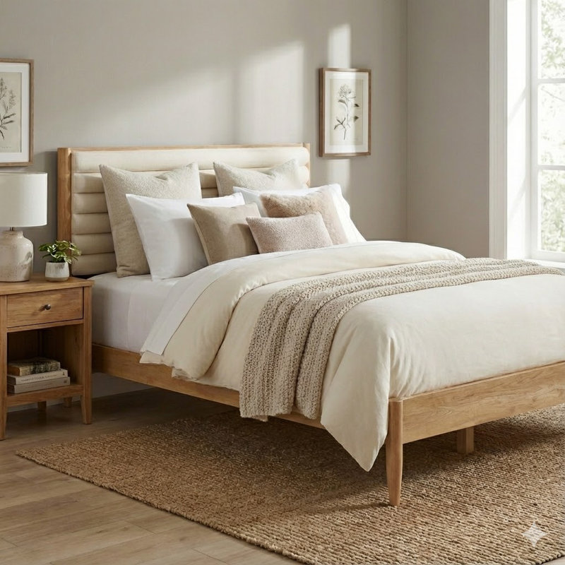 Bed Frame With Chenille Upholstered Headboard Bed