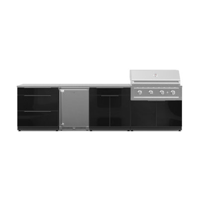 Ensemble de cuisine extérieure en aluminium noir, 7 pièces, comprenant un meuble à 3 tiroirs, un bar, un meuble pour barbecue, un barbecue haute performance au propane de 101,6 cm (40 po), des comptoirs en acier inoxydable et un réfrigérateur à porte en acier inoxydable.