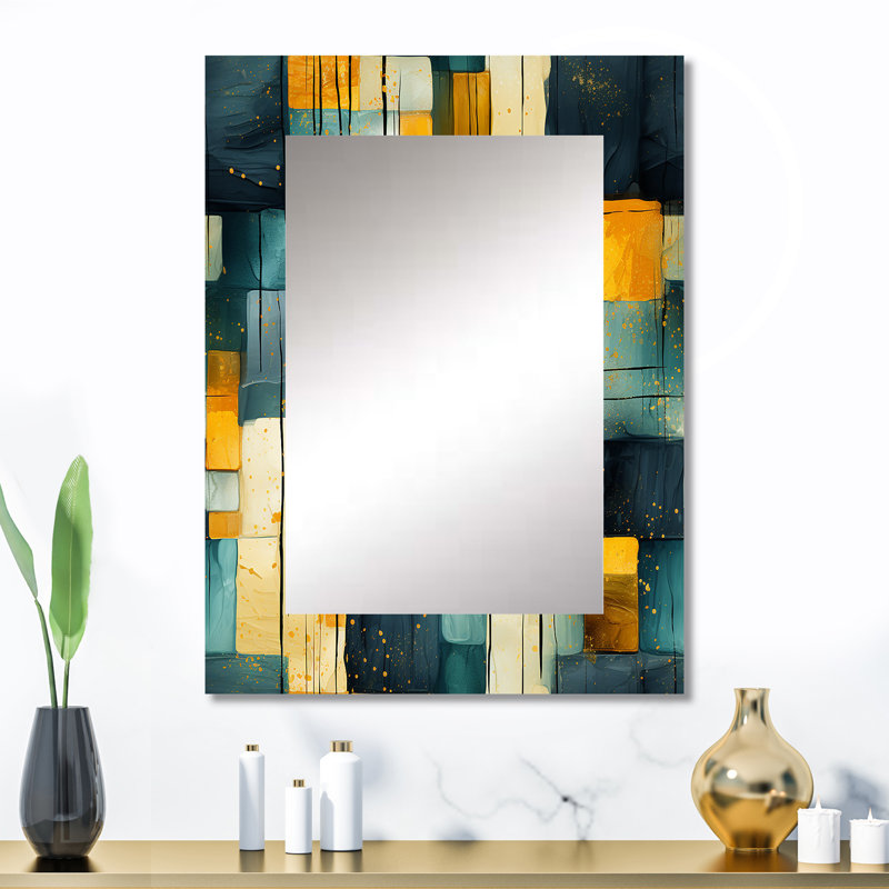 Jaune et bleu sarcelle abstrait géométrique Fusion - grand miroir géométrique, décor de miroir mural unique moderne, impression sur métal