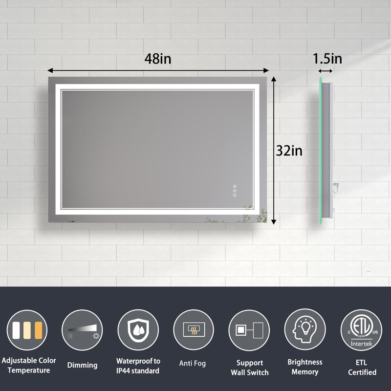 Miroir de salle de bain à DEL à intensité variable avec fonction de désembuage, 32 po x 48 po, Rectangle